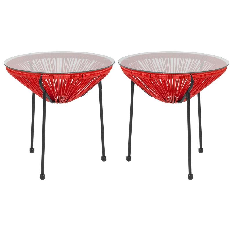 Home Square Valencia Glass Top Patio End Table in Red and Black - Set of 2