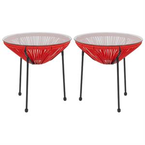 Home Square Valencia Glass Top Patio End Table in Red and Black - Set of 2
