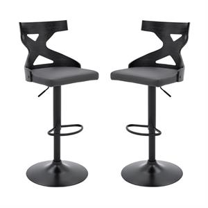 home square adjustable metal barstool in black with gray faux leather - set of 2