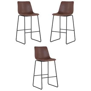 Home Square Cal 30&quot Faux Leather and Wood Barstool in Antique Brown - Set of 3