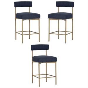 Home Square Seneca 26&quot Fabric Counter Stool in Blue/Antique Brass - Set of 3