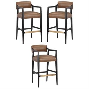 Home Square Keagan 31.5&quot Leather and Solid Oak Wood Barstool in Brown - Set of 3