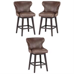 Home Square Ariana 26.25&quot Faux Leather Swivel Counter Stool in Brown - Set of 3