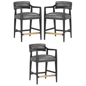 Home Square Keagan 26.5&quot Mid-Century Leather Counter Stool in Black - Set of 3