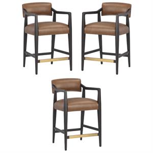 Home Square Keagan 26.5&quot Leather Counter Stool in Black/Brown - Set of 3