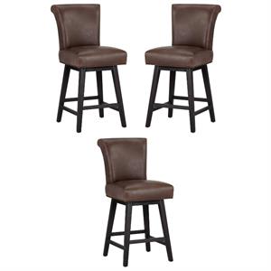 Home Square Hamlet 26&quot Faux Leather Swivel Counter Stool in Brown - Set of 3