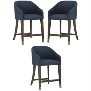 Home Square Nellie 26&quot Fabric Counter Stool in Blue & Antique Brass - Set of 3