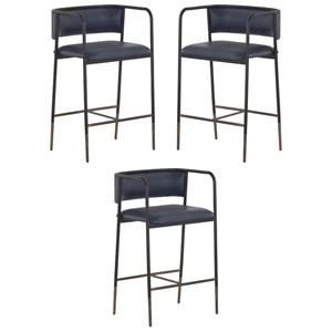 Home Square Brenan 25.5&quot Modern Faux Leather Counter Stool in Blue - Set of 3