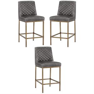 Home Square Leighland 26&quot Faux Leather Counter Stool in Gray - Set of 3