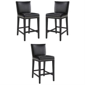 Home Square Vintage 26&quot Faux Leather Counter Stool in Coal Black - Set of 3