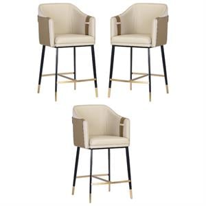 Home Square Carter 26.75&quot Modern Faux Leather Counter Stool in Cream - Set of 3