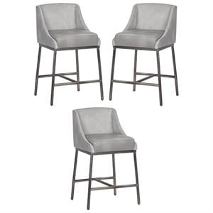 Home Square Dalary 26&quot Faux Leather Counter Stool in Stone/Gunmetal - Set of 3