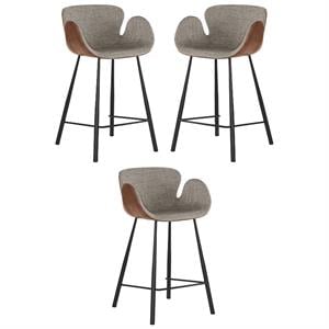 Home Square Waldo 25.5&quot Faux Leather & Fabric Counter Stool in Brown - Set of 3