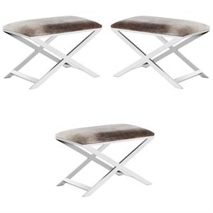Home Square Sahara 29.5&quot Cowhide Leather Stool in Silver/Gray - Set of 3