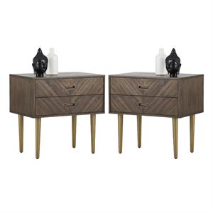 Home Square Greyson 28&quot Modern Wood and Steel Nightstand in Brown - Set of 2