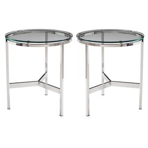 Home Square Flato 19.75&quot Glass End Table with Steel Base in Silver - Set of 2