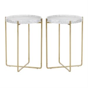 Home Square Liv 15&quot Marble Side Table with Gold Steel Base in White - Set of 2
