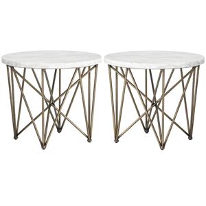Home Square Skyy 23.5&quot Marble Side Table with Metal Frame in White - Set of 2