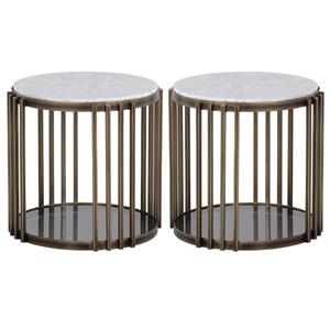 Home Square Naxos 22.5&quot Round Marble End Table in White/Rustic Bronze - Set of 2