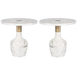 Home Square Kane 19.5&quot Contemporary Marble End Table in White/Brass - Set of 2