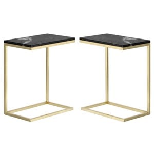 Home Square Amell 20&quot Contemporary Marble C-shaped End Table in Black - Set of 2
