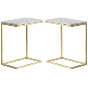Home Square Amell 20&quot Contemporary Marble C-shaped End Table in White - Set of 2