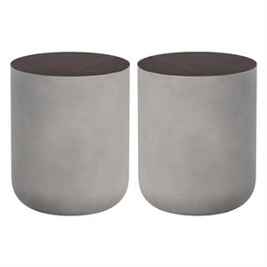 Home Square Diaz 16&quot Concrete End Table in Gray/Wood Grain Brown - Set of 2