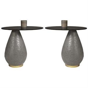 Home Square Maeva 23.5&quot Oval Glass and Concrete End Table in Gray - Set of 2