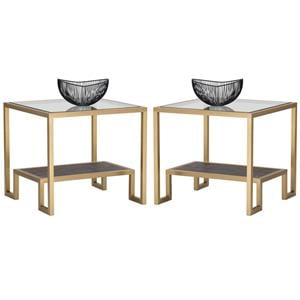 Home Square Carver 23.5&quot Modern Wood Side Table in Brown/Matte Gold - Set of 2