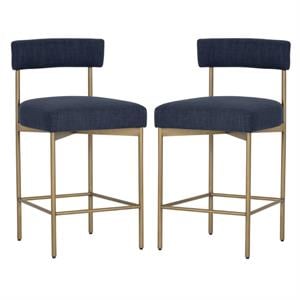 Home Square Seneca 26&quot Fabric Counter Stool in Blue/Antique Brass - Set of 2