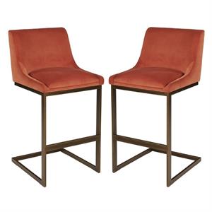 Home Square Holly 30&quot Modern Fabric Barstool in Orange/Rustic Bronze - Set of 2