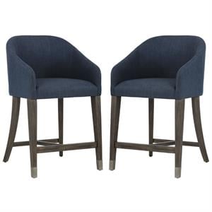Home Square Nellie 26&quot Fabric Counter Stool in Blue & Antique Brass - Set of 2