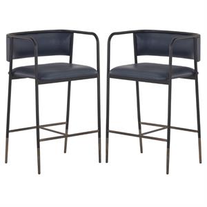 Home Square Brenan 25.5&quot Modern Faux Leather Counter Stool in Blue - Set of 2