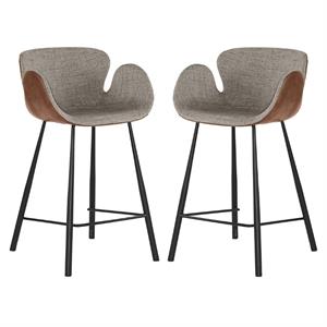 Home Square Waldo 25.5&quot Faux Leather & Fabric Counter Stool in Brown - Set of 2