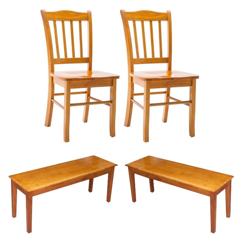 Home Square 4-Piece Set with 2 Dining Benches & 2 Dining Chairs in Oak