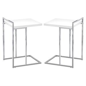 Home Square Wood Panel Top C Side Table in Glossy White and Chrome - Set of 2