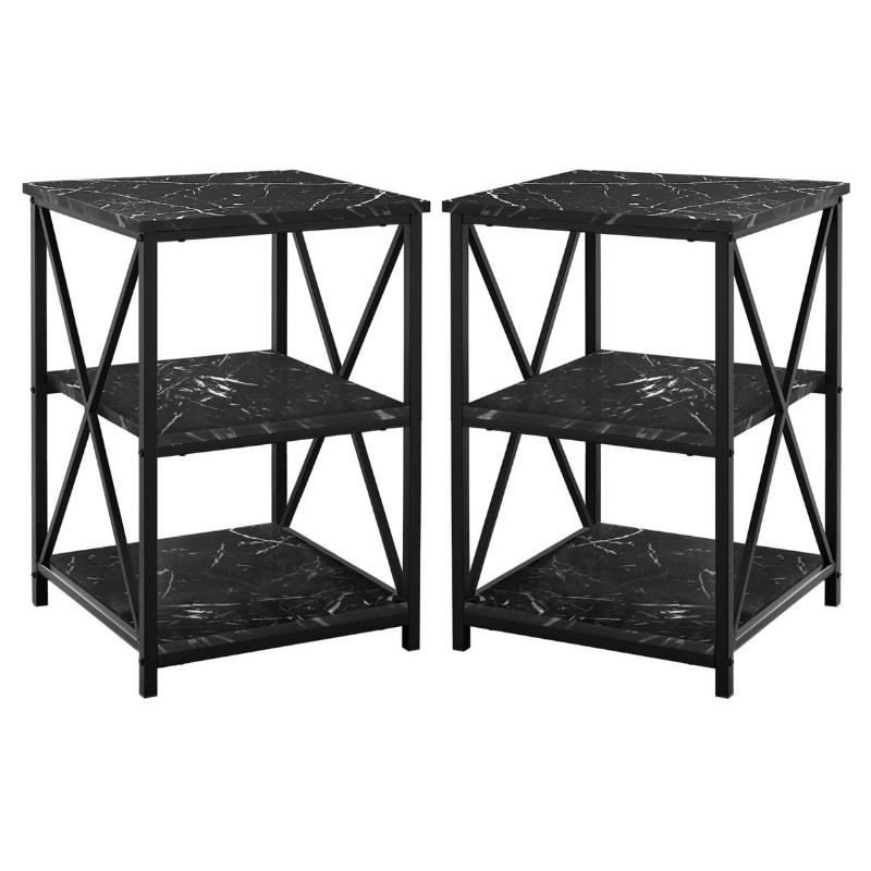 Home Square 2 Shelf Faux Marble Top Side Table in Black