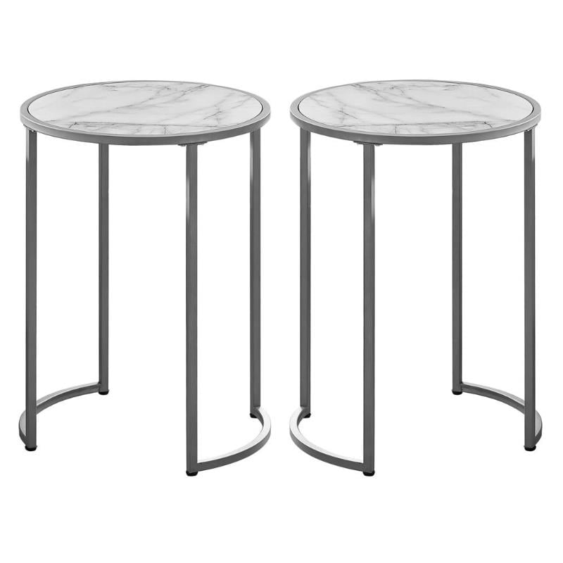 Home Square Faux Marble End Table in White and Silver - Set of 2