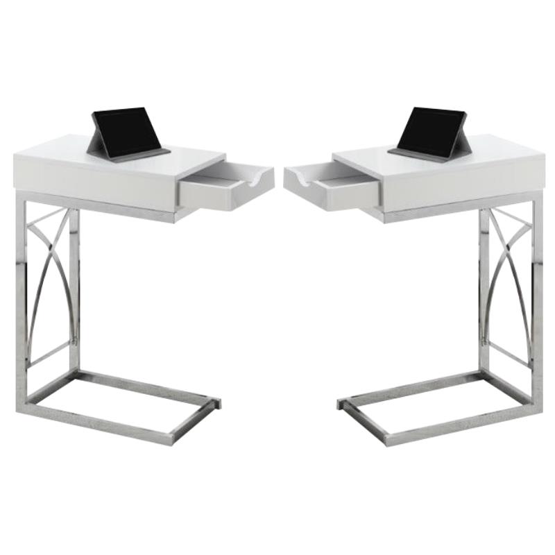 Home Square Metal End Table with Drawer in Glossy White - Set of 2