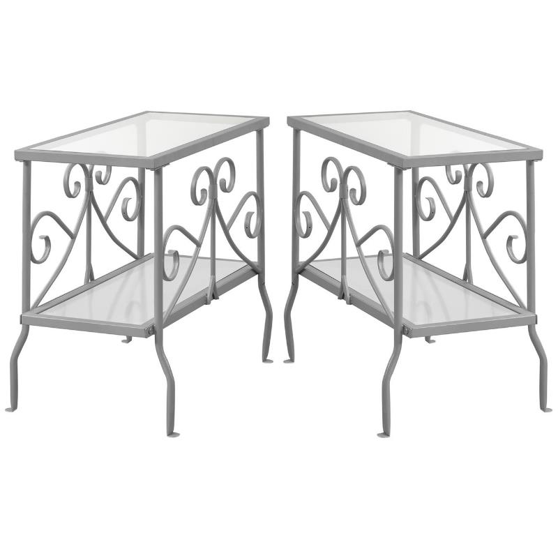Home Square Metal Glass Top Accent End Table in Silver - Set of 2