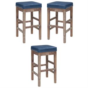 Home Square 27&quot Leather Counter Stool in Brown/Blue - Set of 3