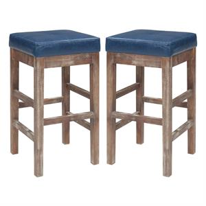 Home Square Valencia 27&quot Leather Counter Stool in Brown/Blue - Set of 2