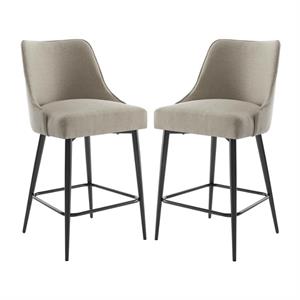 Home Square Metal Counter Stool in Khaki Beige Fabric - Set of 2