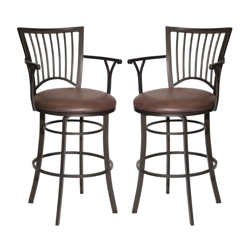 Home Square Metal Swivel Bar Stool in Brown Microsuede Seat - Set of 2