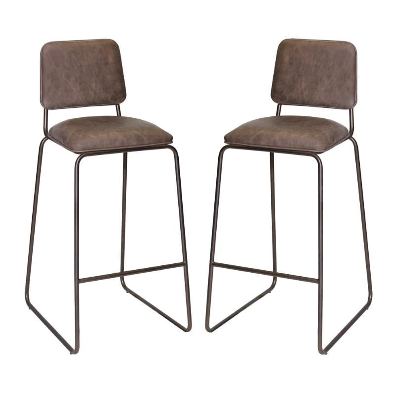 Home Square Faux Leather and Metal Bar Stool in Cocoa Brown - Set of 2
