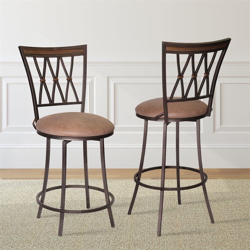 Home Square Swivel Metal Counter Stool in Camel Brown - Set of 2