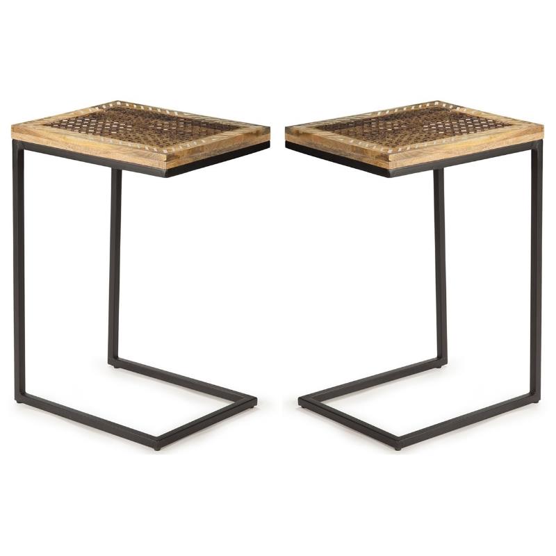 Home Square Metal Accent Chairside Table in Natural and Black - Set of 2