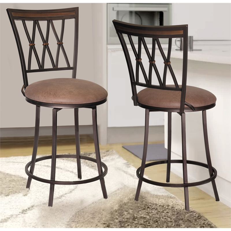 Home Square Swivel Metal Counter Stool in Camel Brown - Set of 3