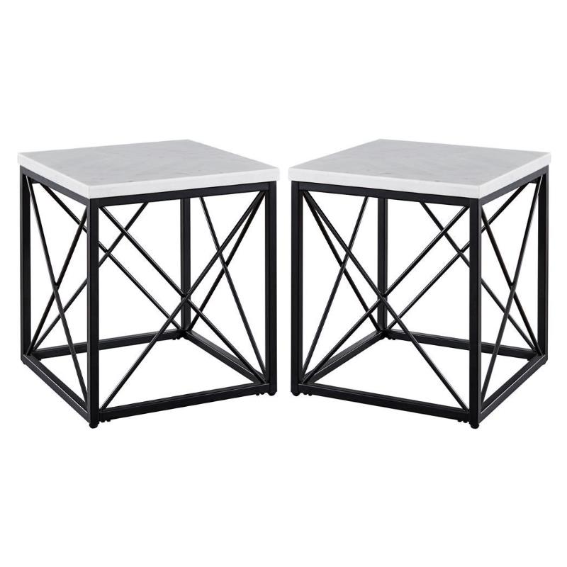 Home Square Marble Top Square End Table in White - Set of 2