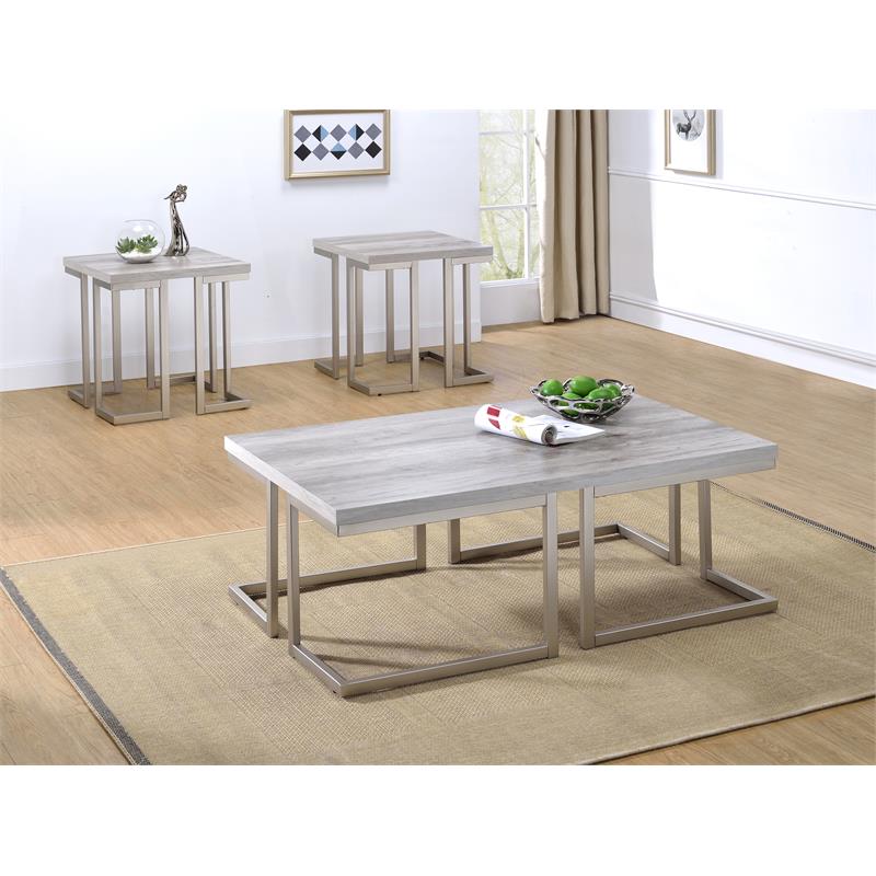 Home Square Driftwood Top Metal Pewter End Table in Gray - Set of 2